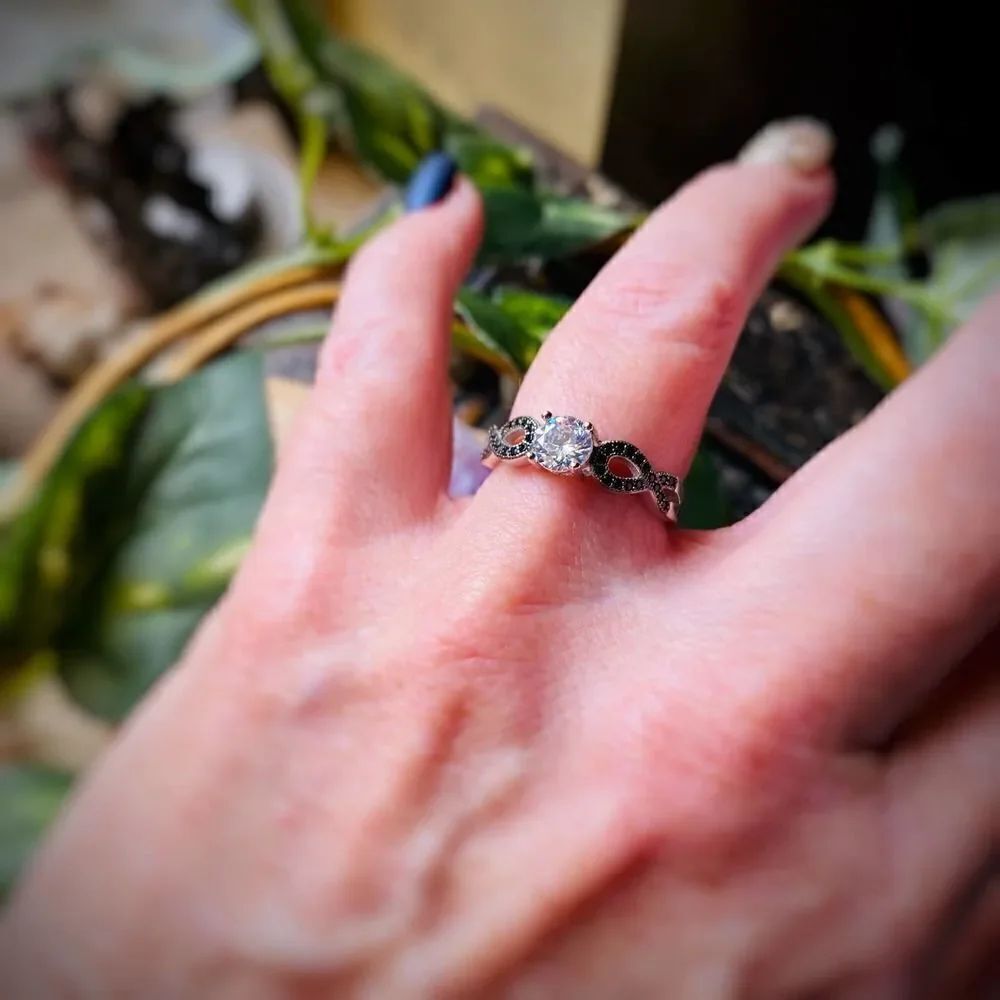 Black Onyx Infinity Cubic Zirconia Solitaire Sterling Silver Ring Sizes 7 & 9